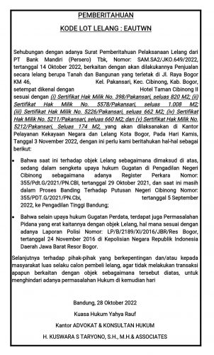 PEMBERITAHUAN  KODE LOT LELANG : EAUTWN