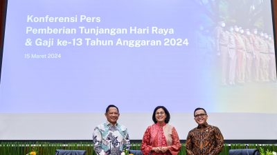 Menteri Keuangan Sri Mulyani dalam konferensi pers di Jakarta pada Jumat (15/3/2024).