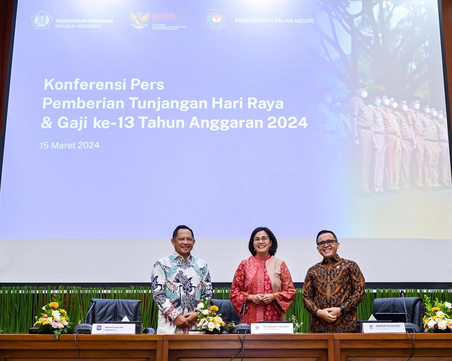 Menteri Keuangan Sri Mulyani dalam konferensi pers di Jakarta pada Jumat (15/3/2024).